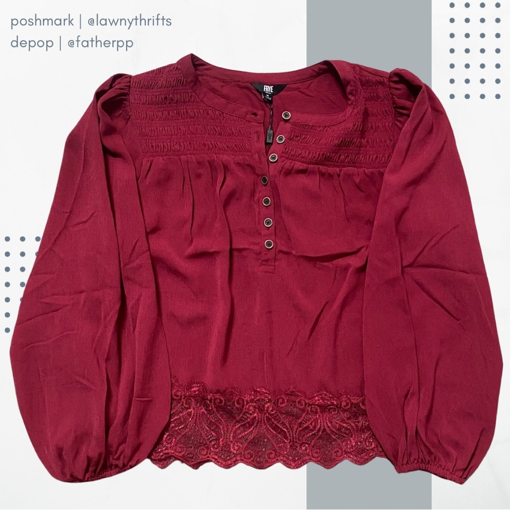 Frye Womens Medium Maroon Long Balloon Sleeve Button Front Lace Trim Top NWT